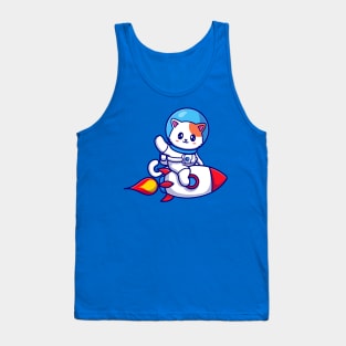 Cute Cat Astronaut Riding Rocket And Waving Hand Cartoon Tank Top